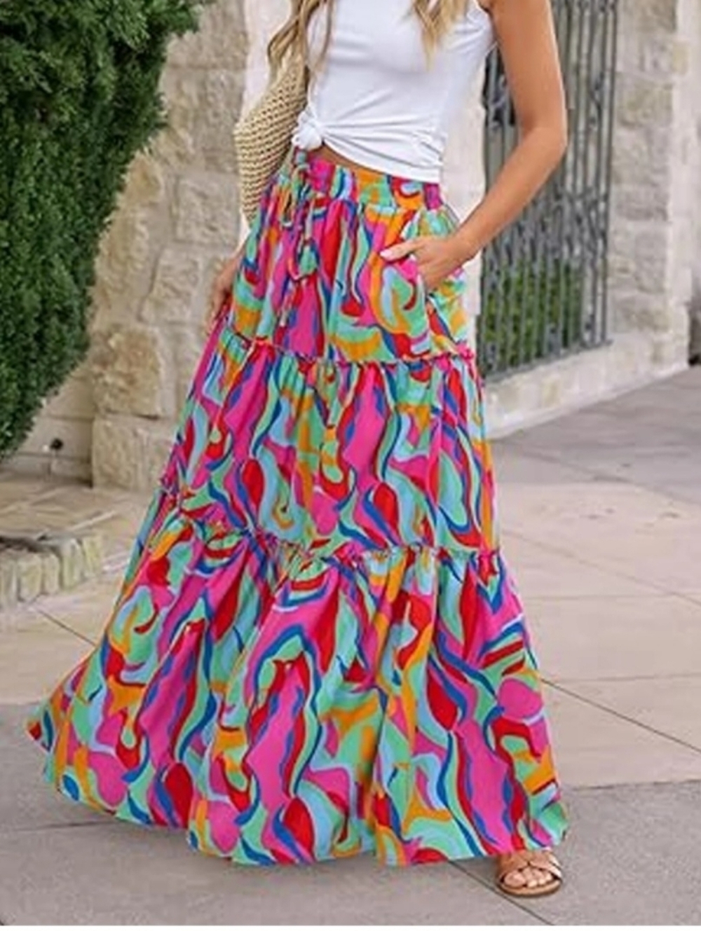 Elastic Waist A Line Midi Skirt Size S/M Drawstring Abstract Colorful Eclectic - Picture 4 of 15